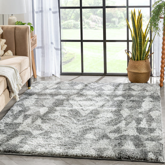 Tavira Modern Geometric Pattern Grey Thick & Soft Shag Rug CE-77