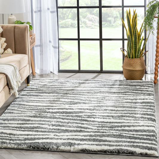 Faro Modern Coastal Waves Pattern Dark Grey Thick & Soft Shag Rug CE-87