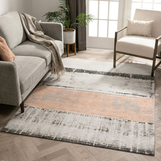 Fanos Modern Distressed Abstract Brush Strokes Salmon Grey Kilim-Style Rug CHA-20
