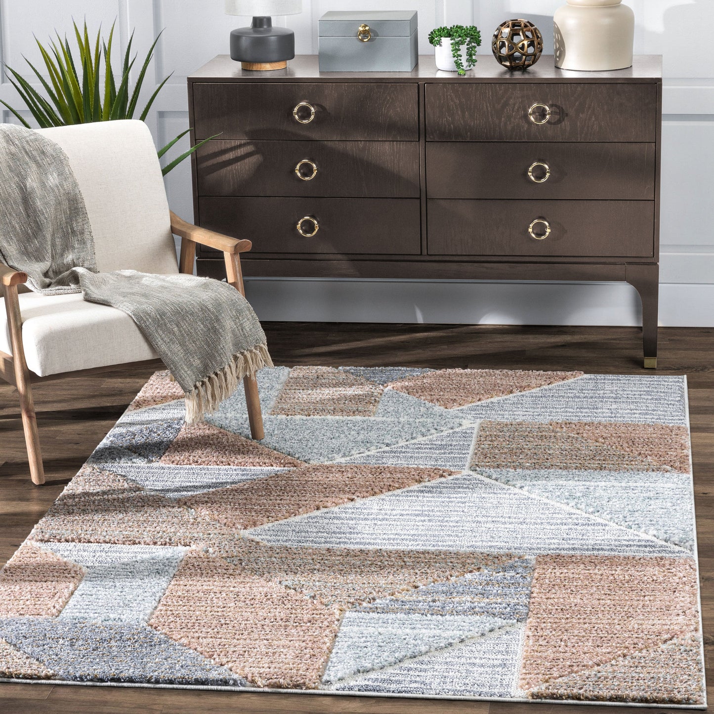 Perseus Modern Geometric Blush High-Low Shag Rug DEL-29