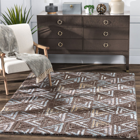 Thanatos Modern Geometric Brown High-Low Shag Rug DEL-58