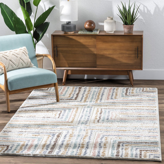 Evander Modern Stripes Ivory High-Low Shag Rug DEL-62