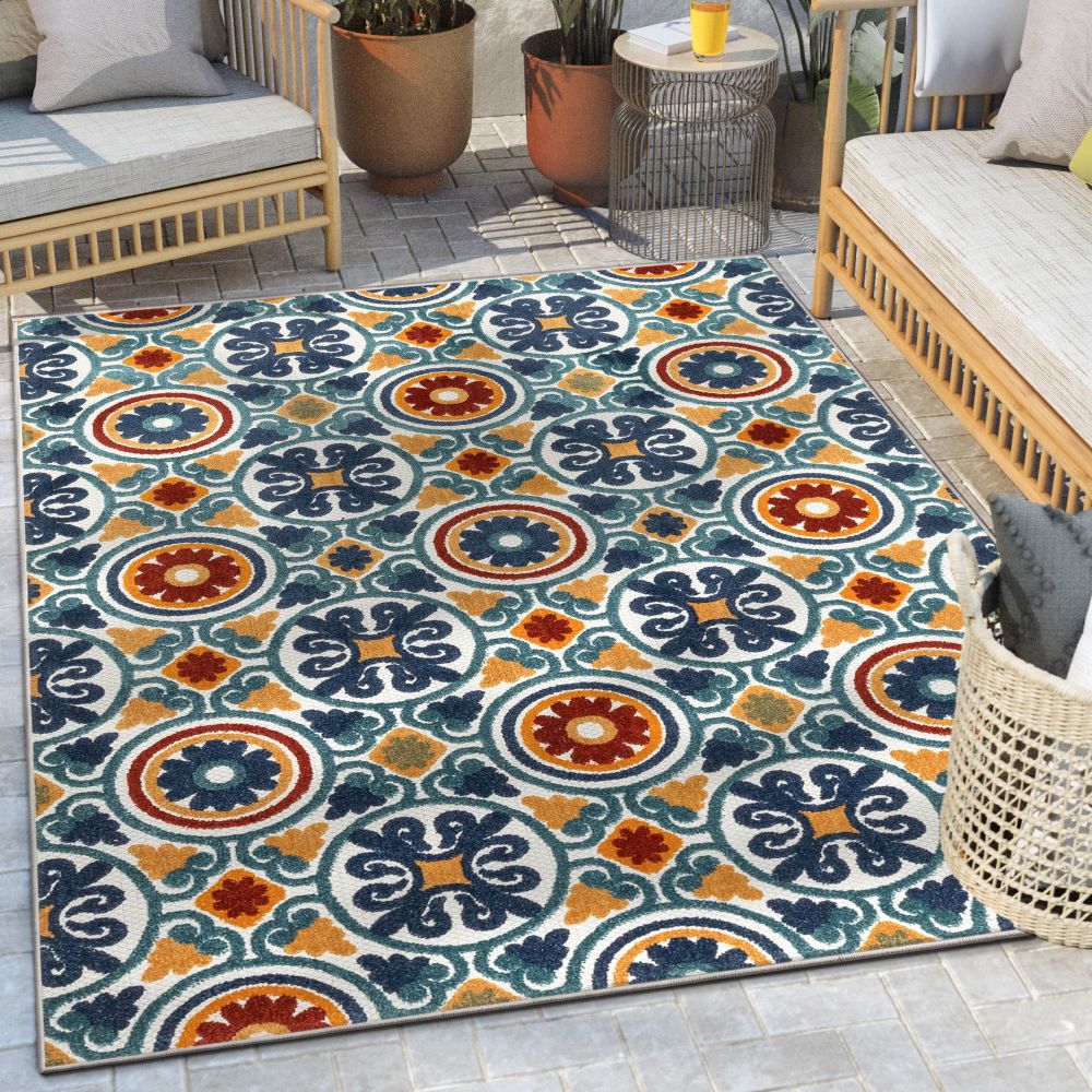 Audun Modern Geometric Indoor/Outdoor Blue High-Low Rug DO-404