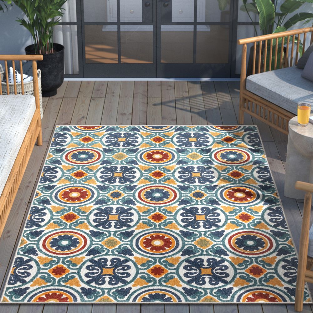 Audun Modern Geometric Indoor/Outdoor Blue High-Low Rug DO-404