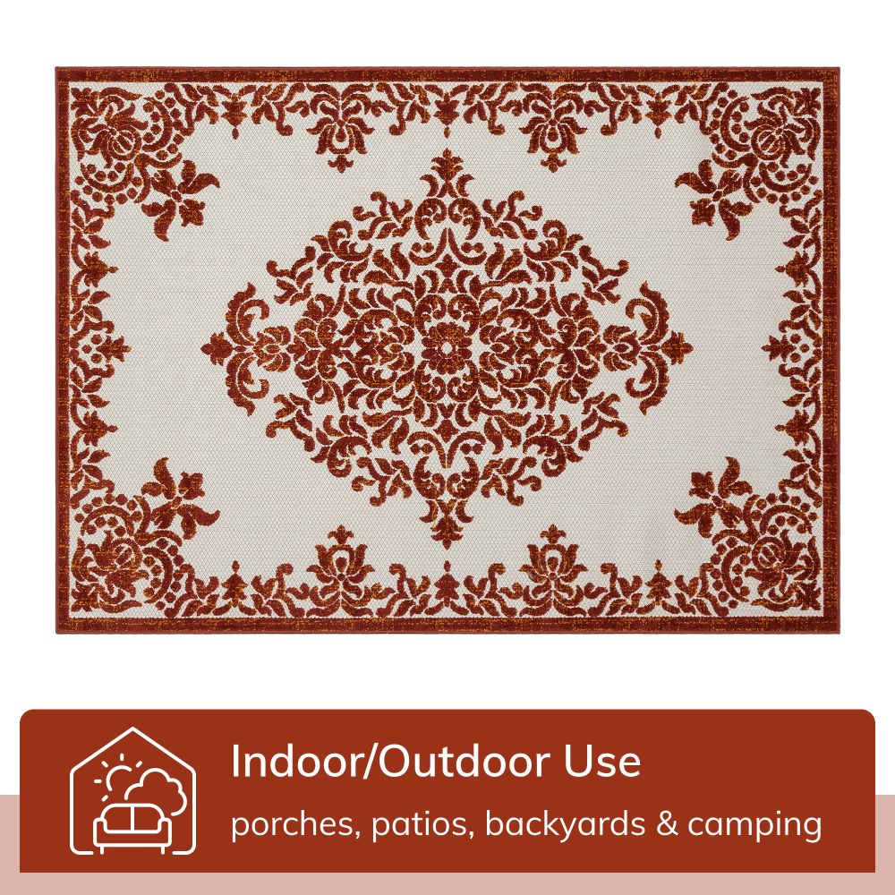 Arid Modern Medallion Persian Indoor/Outdoor Terracotta High-Low Rug DO-500