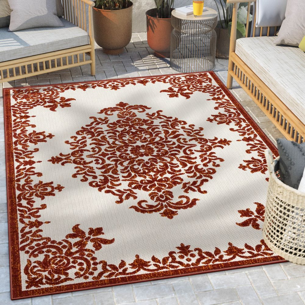 Arid Modern Medallion Persian Indoor/Outdoor Terracotta High-Low Rug DO-500