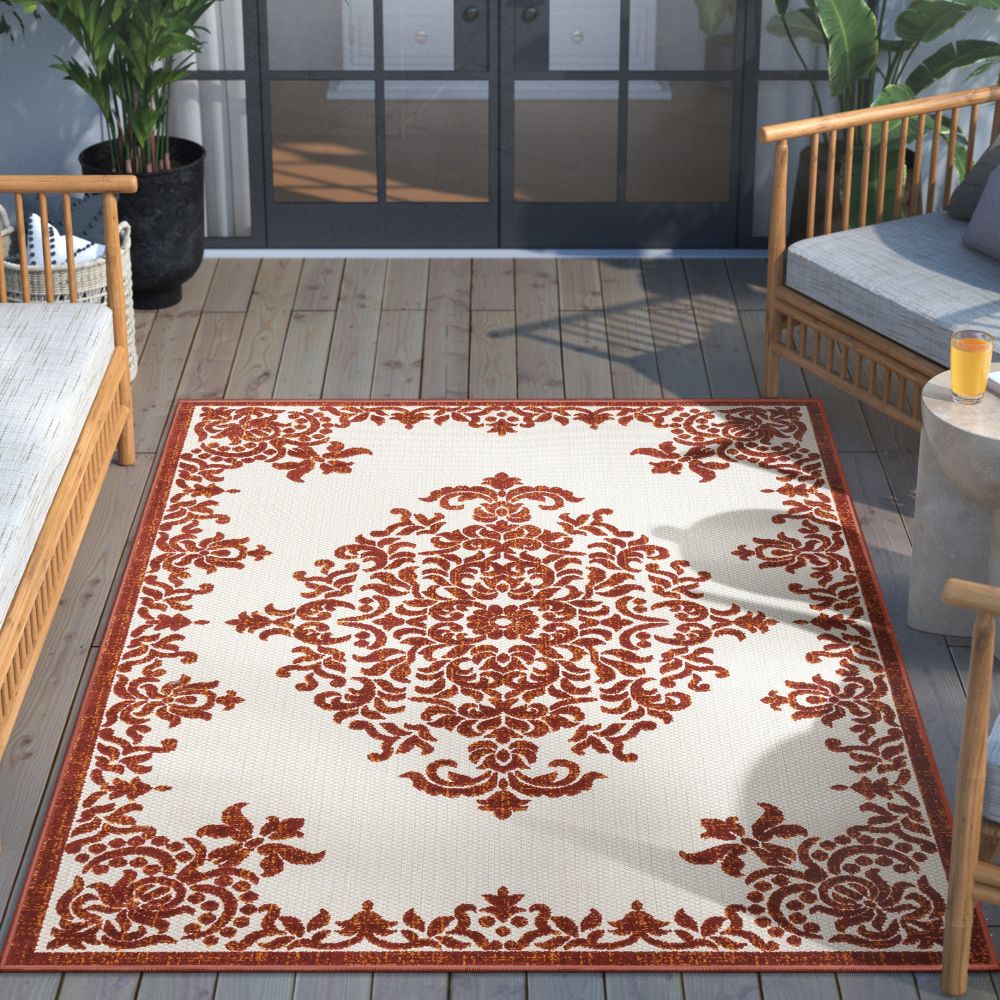 Arid Modern Medallion Persian Indoor/Outdoor Terracotta High-Low Rug DO-500