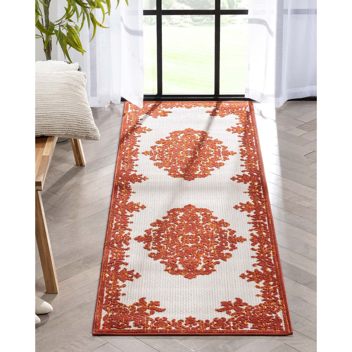 Arid Modern Medallion Persian Indoor/Outdoor Terracotta High-Low Rug DO-500