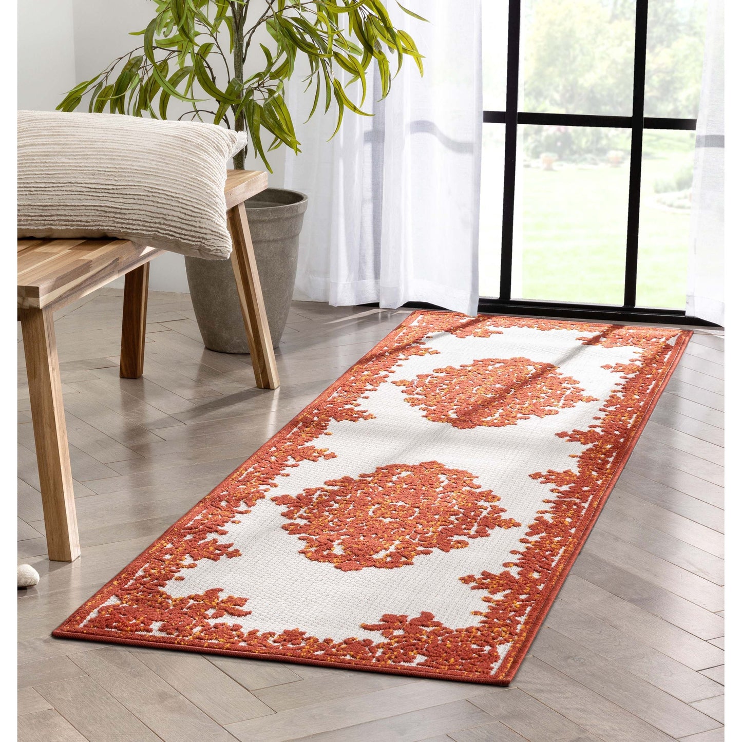 Arid Modern Medallion Persian Indoor/Outdoor Terracotta High-Low Rug DO-500