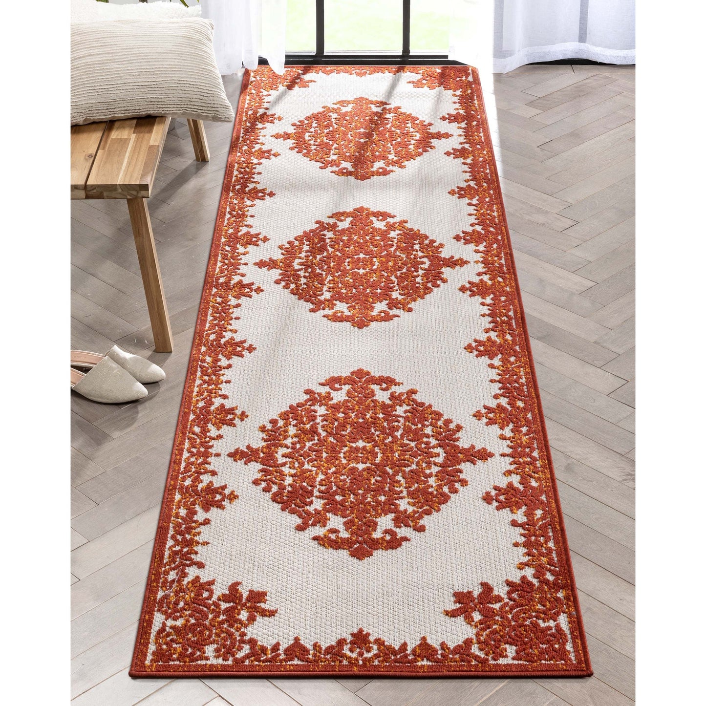 Arid Modern Medallion Persian Indoor/Outdoor Terracotta High-Low Rug DO-500