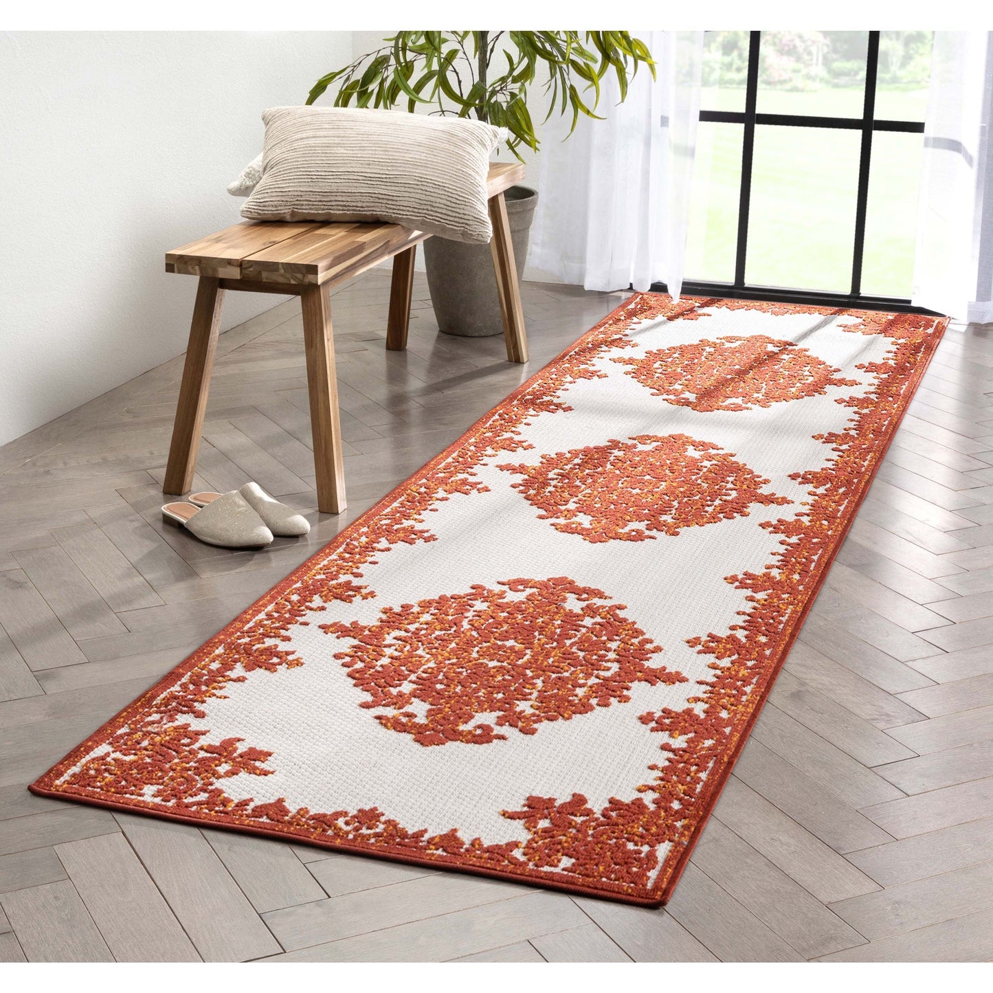 Arid Modern Medallion Persian Indoor/Outdoor Terracotta High-Low Rug DO-500