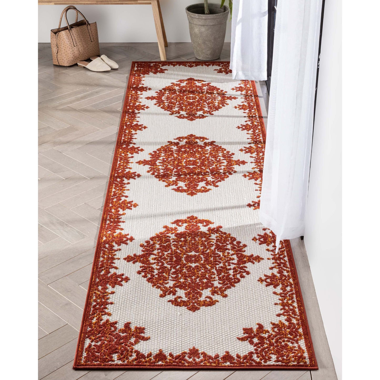 Arid Modern Medallion Persian Indoor/Outdoor Terracotta High-Low Rug DO-500