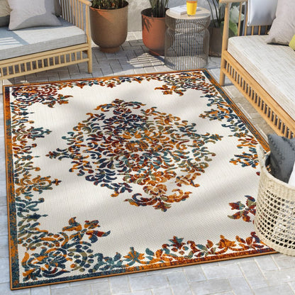 Arid Modern Medallion Persian Indoor/Outdoor Ivory High-Low Rug DO-502