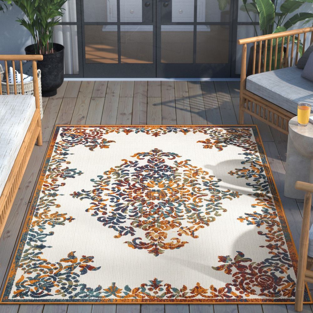 Arid Modern Medallion Persian Indoor/Outdoor Ivory High-Low Rug DO-502