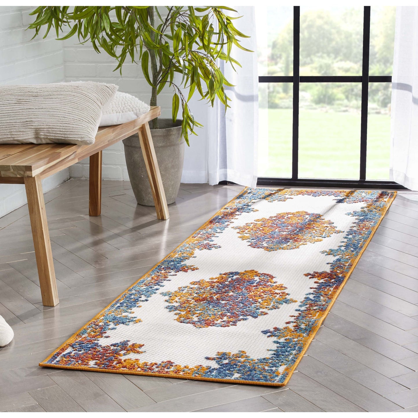 Arid Modern Medallion Persian Indoor/Outdoor Ivory High-Low Rug DO-502