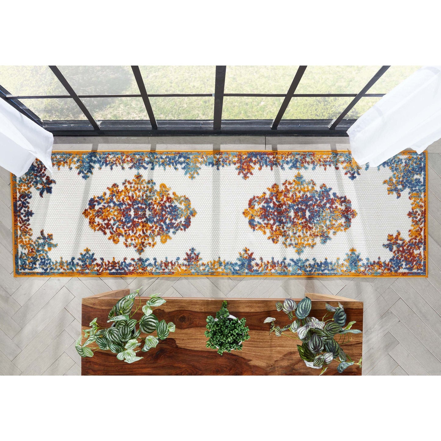 Arid Modern Medallion Persian Indoor/Outdoor Ivory High-Low Rug DO-502