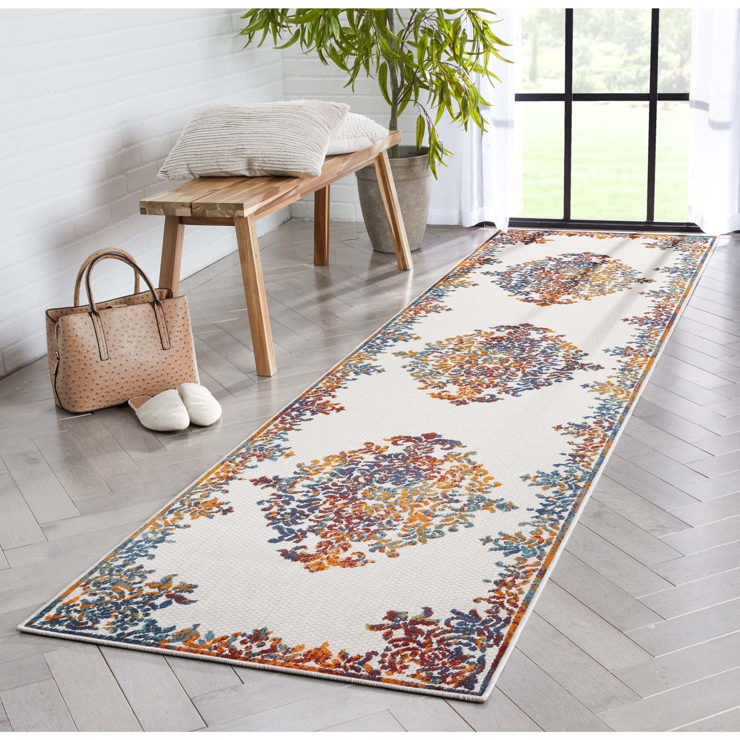 Arid Modern Medallion Persian Indoor/Outdoor Ivory High-Low Rug DO-502