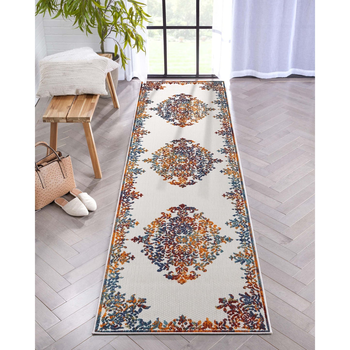 Arid Modern Medallion Persian Indoor/Outdoor Ivory High-Low Rug DO-502