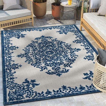 Arid Modern Medallion Persian Indoor/Outdoor Blue High-Low Rug DO-504