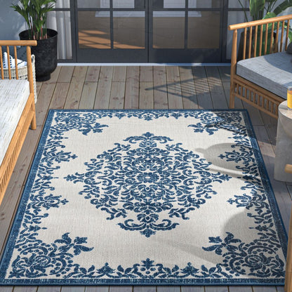Arid Modern Medallion Persian Indoor/Outdoor Blue High-Low Rug DO-504