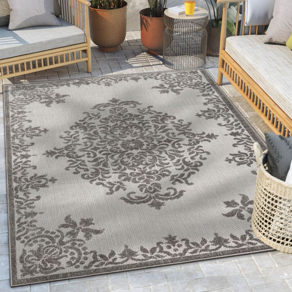 Arid Modern Medallion Persian Indoor/Outdoor Grey High-Low Rug DO-507