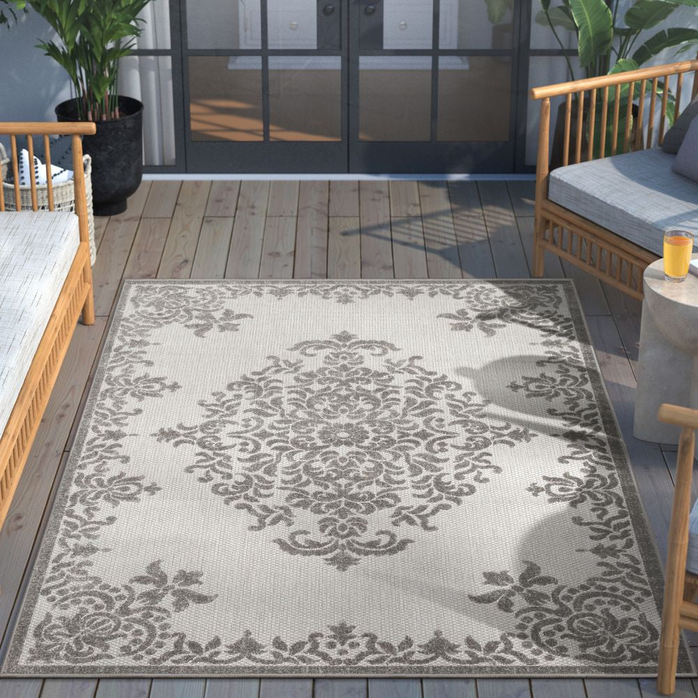 Arid Modern Medallion Persian Indoor/Outdoor Grey High-Low Rug DO-507