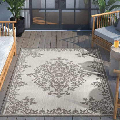 Arid Modern Medallion Persian Indoor/Outdoor Grey High-Low Rug DO-507