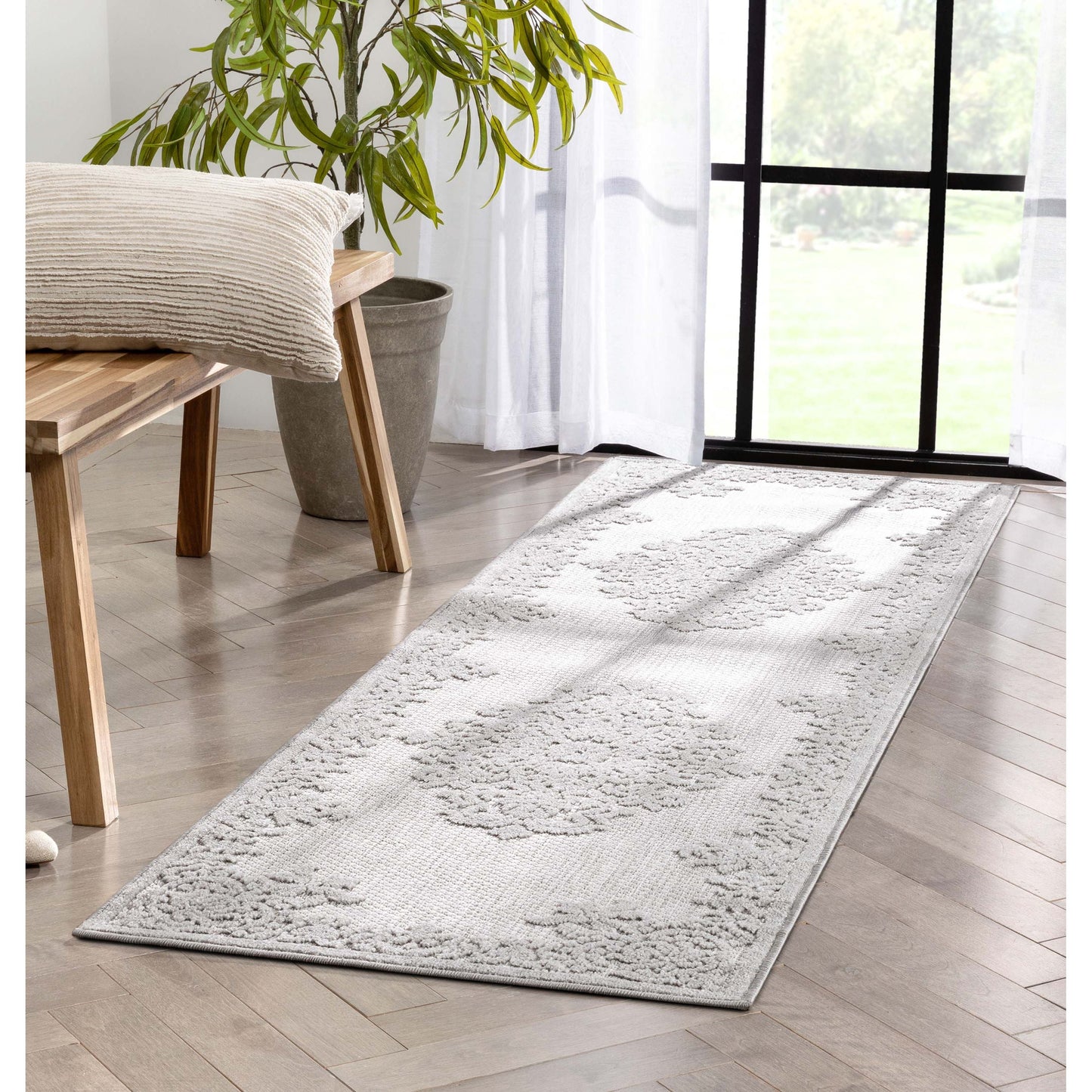 Arid Modern Medallion Persian Indoor/Outdoor Grey High-Low Rug DO-507