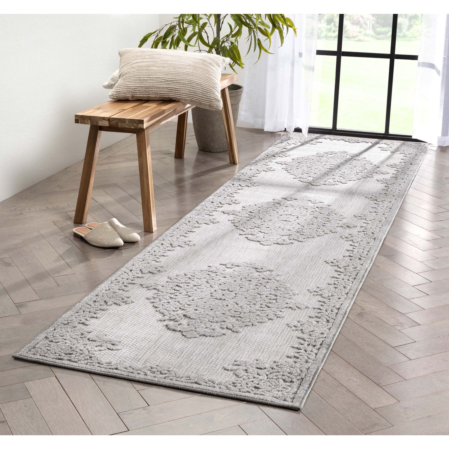 Arid Modern Medallion Persian Indoor/Outdoor Grey High-Low Rug DO-507