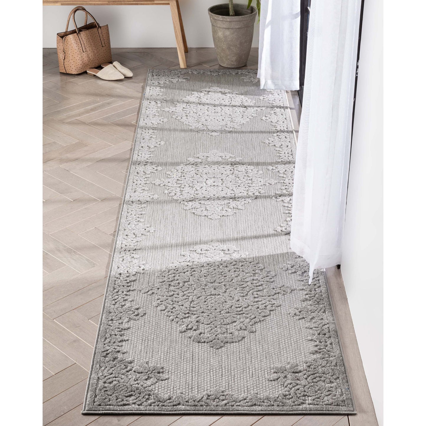 Arid Modern Medallion Persian Indoor/Outdoor Grey High-Low Rug DO-507