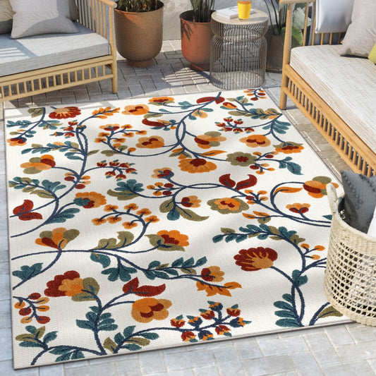 Neveh Beige Modern Floral Indoor Outdoor Rug DO-102