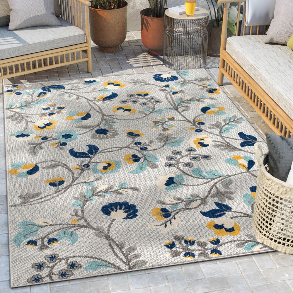 Neveh Grey Modern Floral Indoor Outdoor Rug DO-104