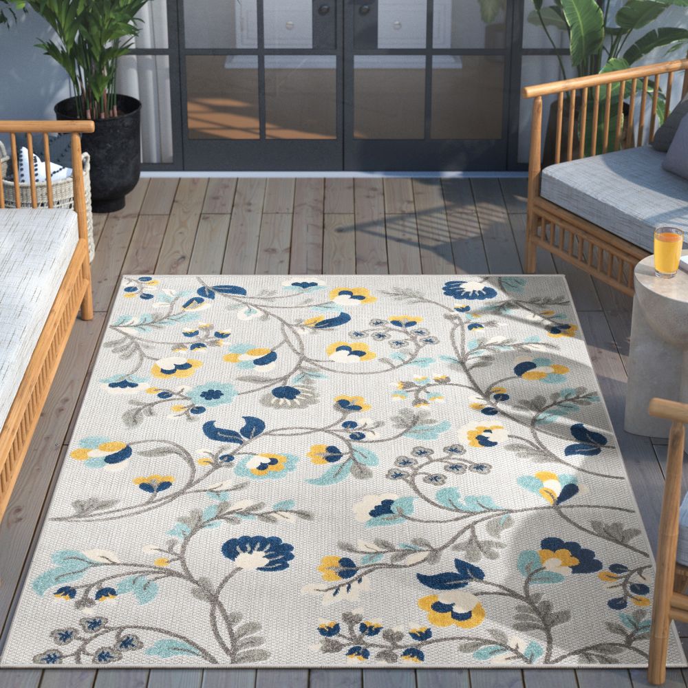 Neveh Grey Modern Floral Indoor Outdoor Rug DO-104