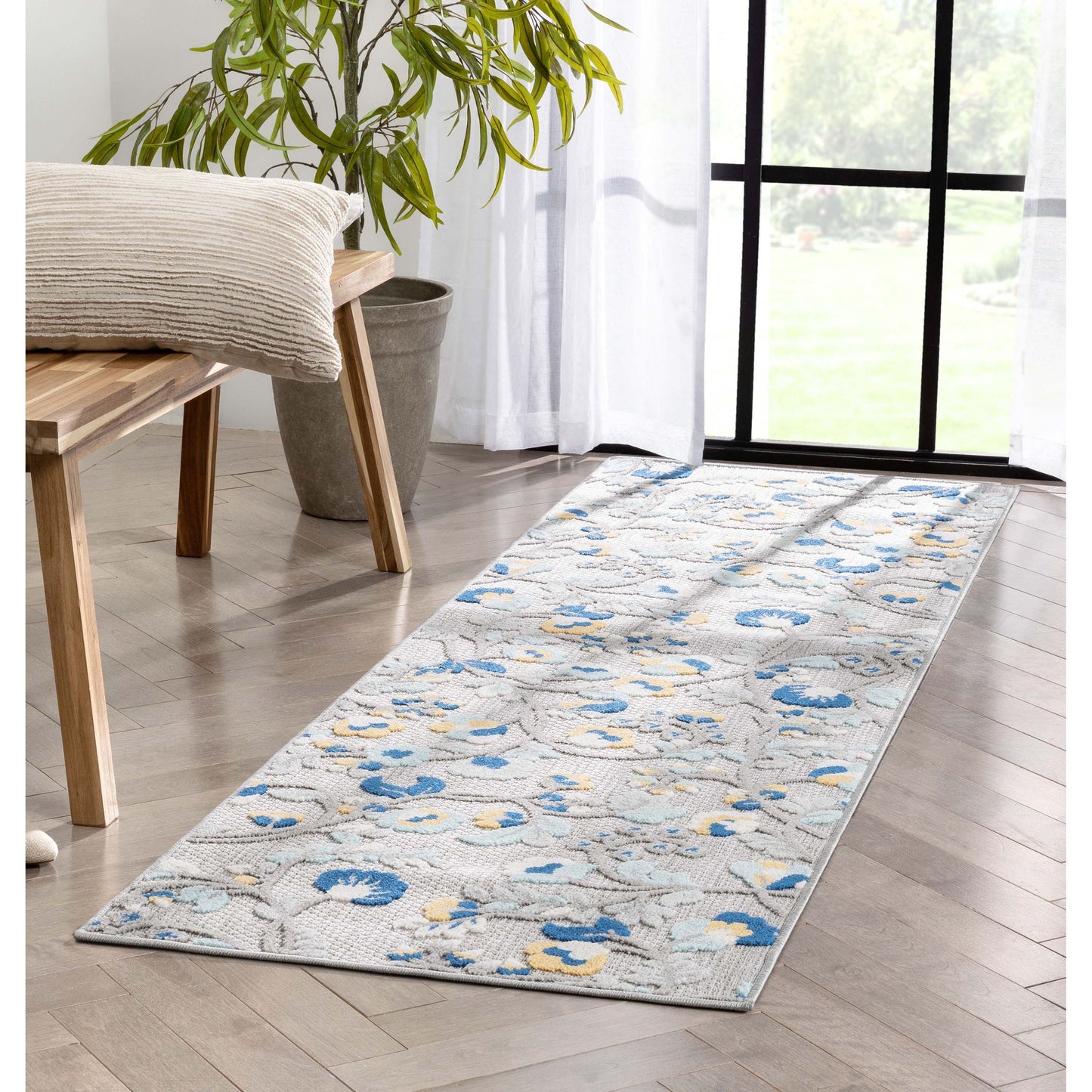 Neveh Grey Modern Floral Indoor Outdoor Rug DO-104