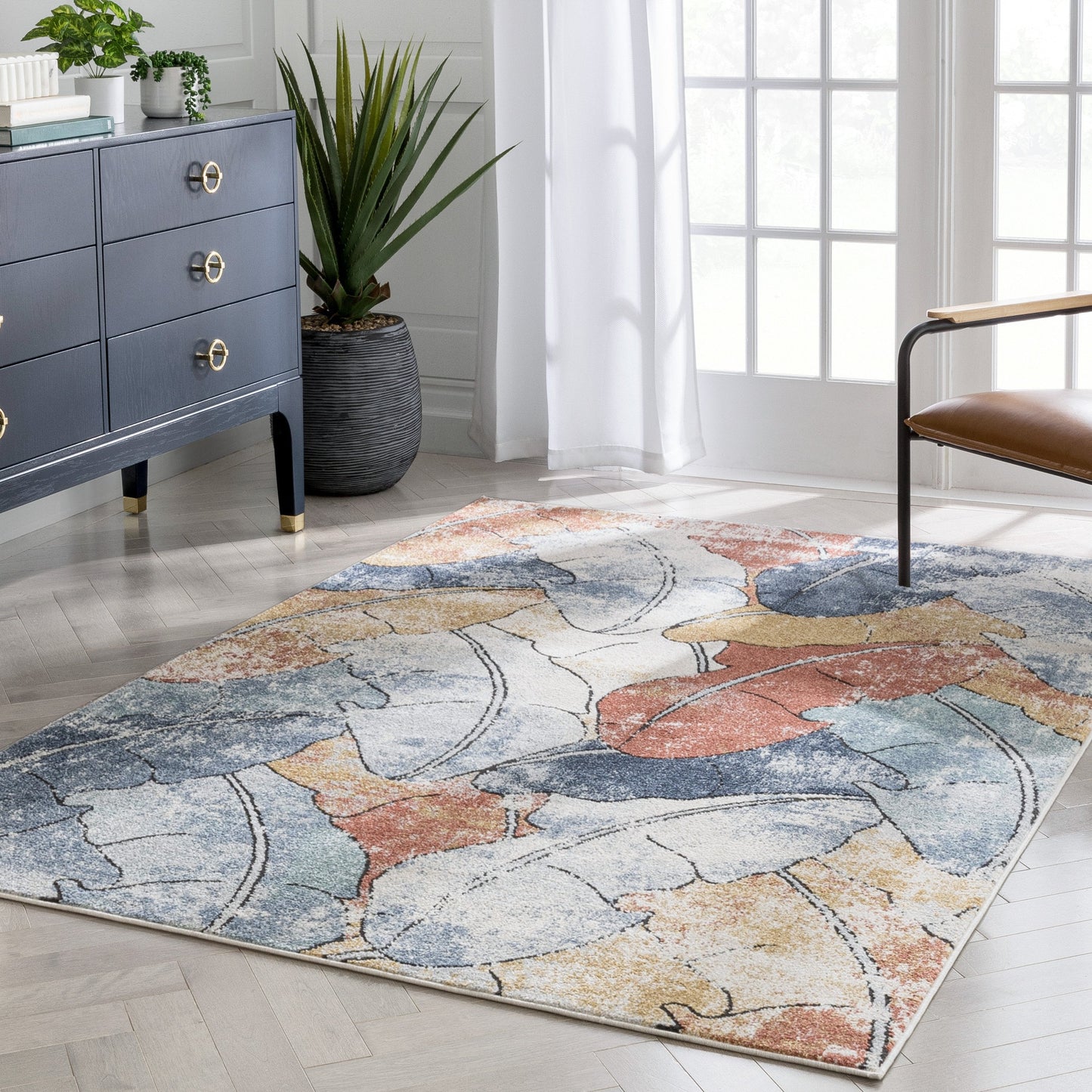 Ravenna Vintage Abstract Leaves Blue Red Rug ENV-104