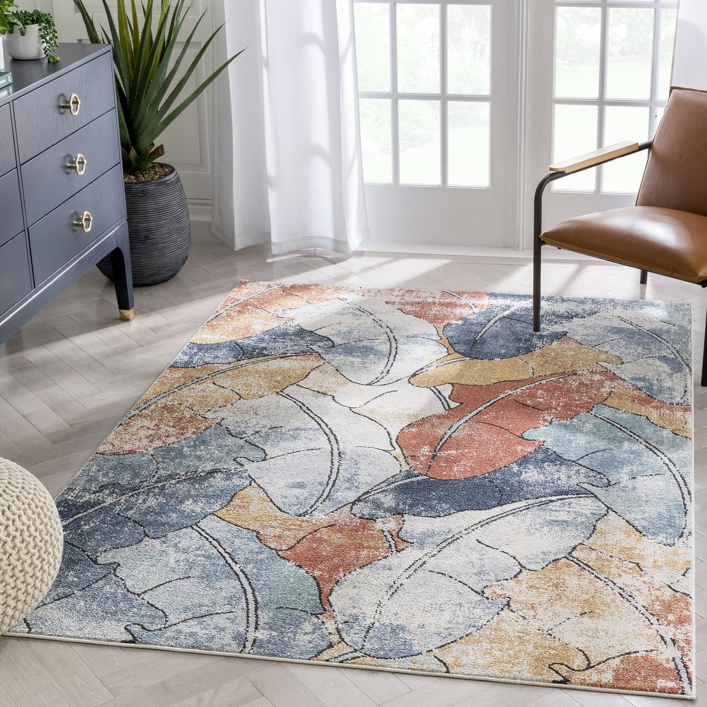 Ravenna Vintage Abstract Leaves Blue Red Rug ENV-104