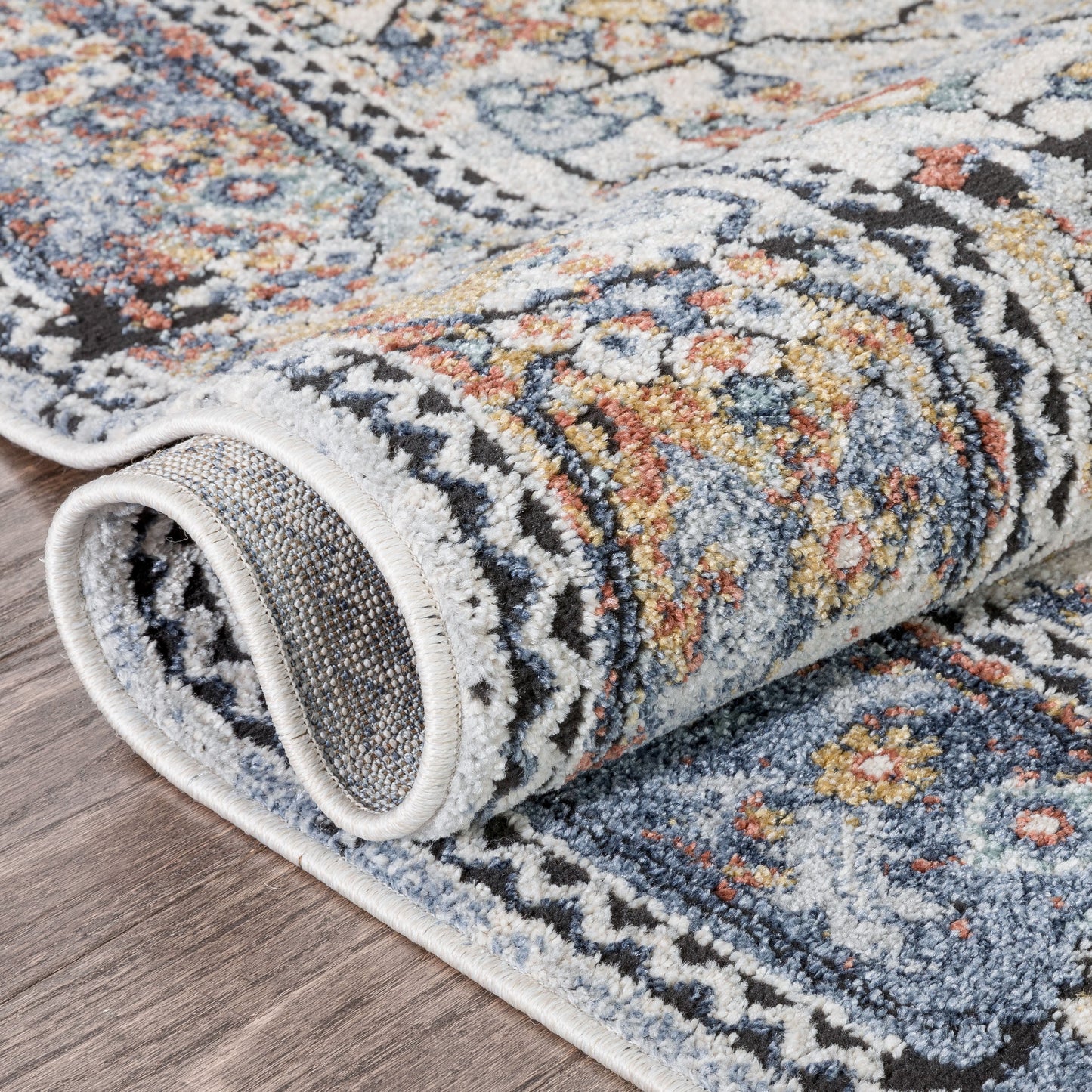Salerno Bohemian Vintage Persian Medallion Ivory Blue Rug ENV-122