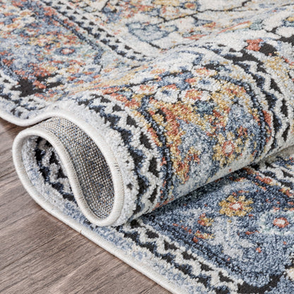 Salerno Bohemian Vintage Persian Medallion Ivory Blue Rug ENV-122