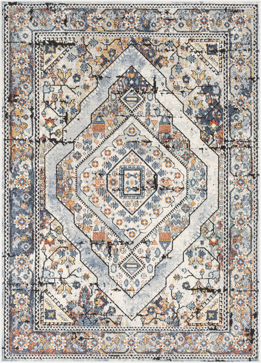 Salerno Bohemian Vintage Persian Medallion Ivory Blue Rug ENV-122