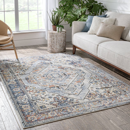 Salerno Bohemian Vintage Persian Medallion Ivory Blue Rug ENV-122