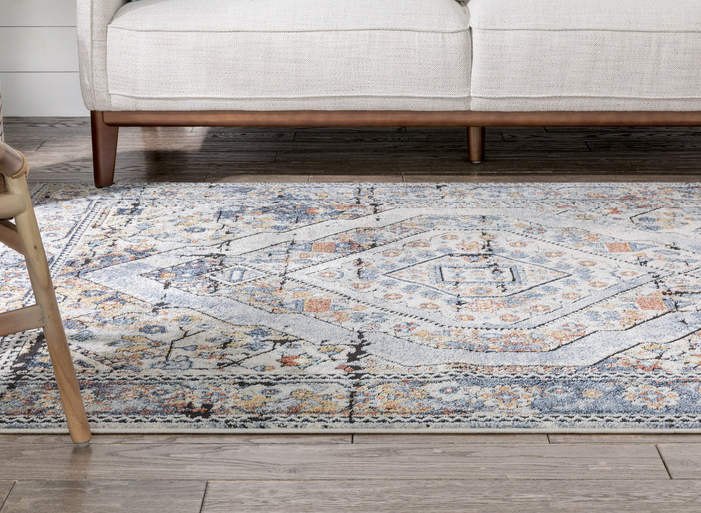 Salerno Bohemian Vintage Persian Medallion Ivory Blue Rug ENV-122
