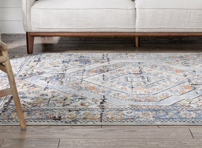Salerno Bohemian Vintage Persian Medallion Ivory Blue Rug ENV-122