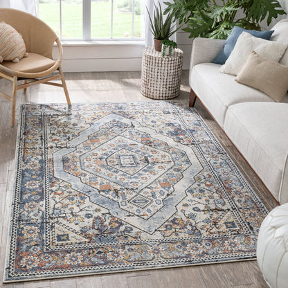 Salerno Bohemian Vintage Persian Medallion Ivory Blue Rug ENV-122