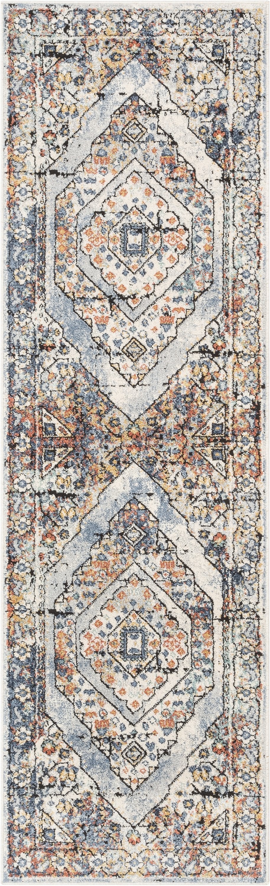 Salerno Bohemian Vintage Persian Medallion Ivory Blue Rug ENV-122