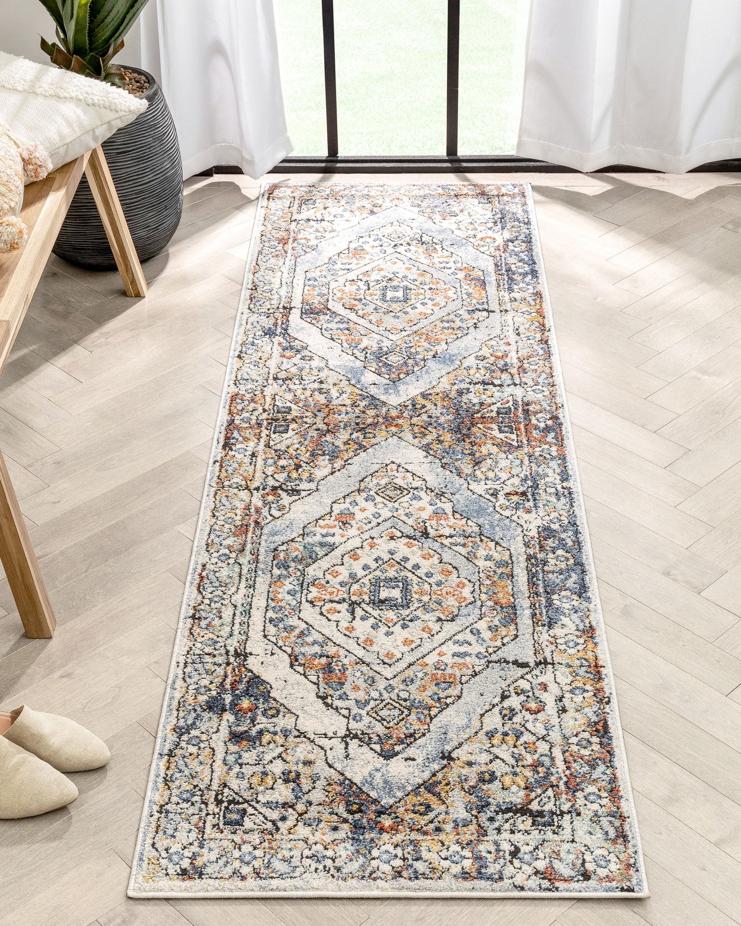 Salerno Bohemian Vintage Persian Medallion Ivory Blue Rug ENV-122