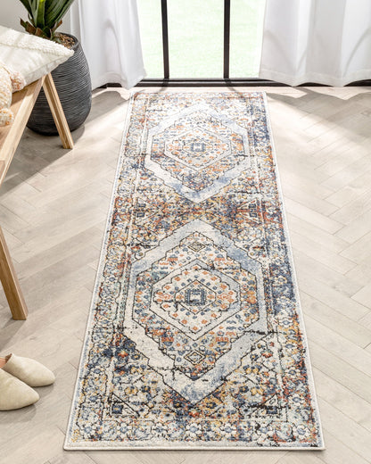 Salerno Bohemian Vintage Persian Medallion Ivory Blue Rug ENV-122