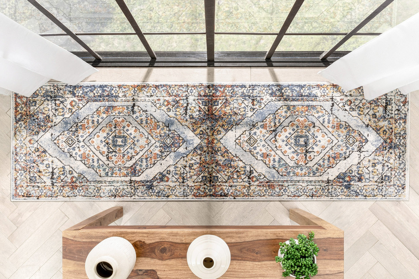 Salerno Bohemian Vintage Persian Medallion Ivory Blue Rug ENV-122