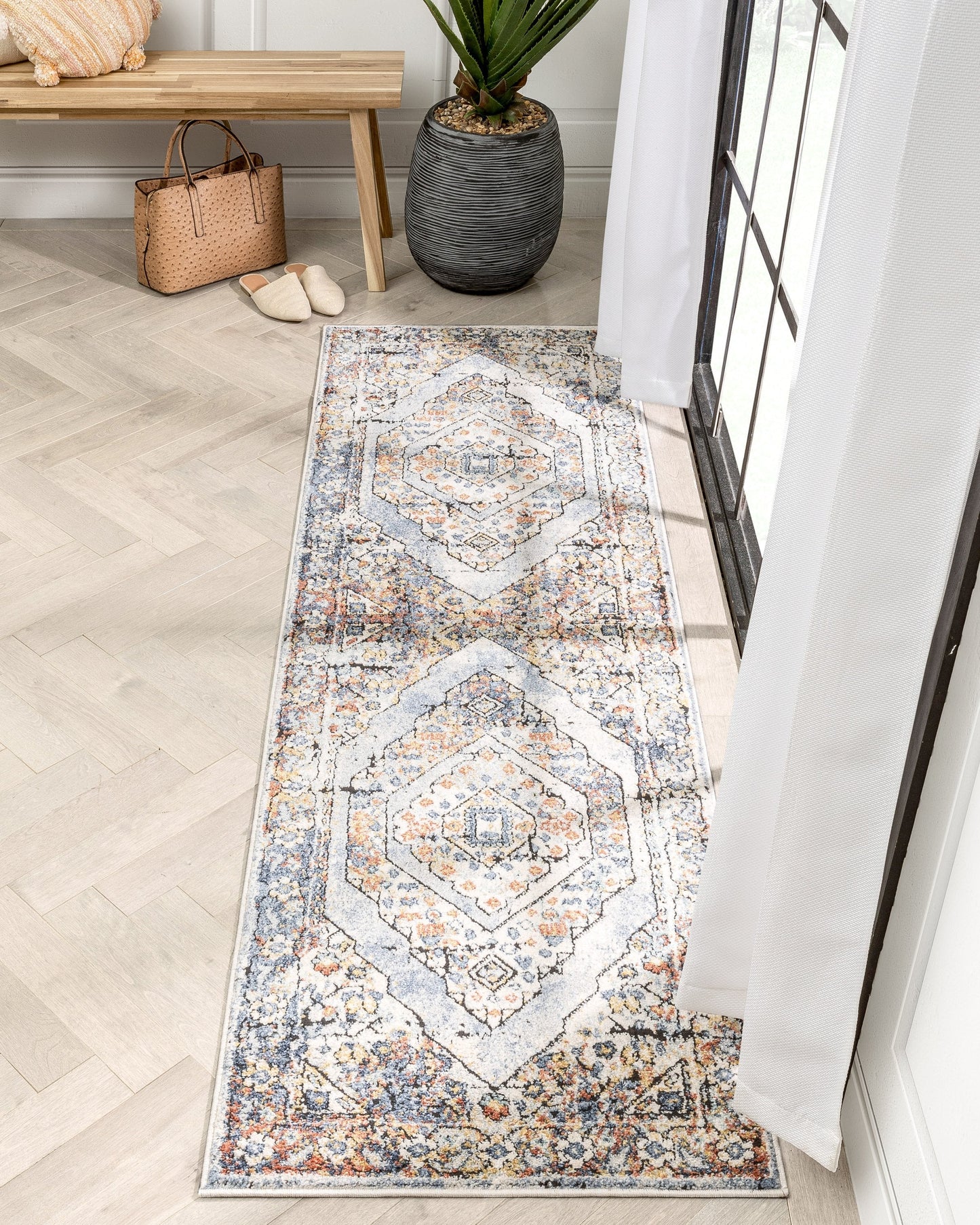 Salerno Bohemian Vintage Persian Medallion Ivory Blue Rug ENV-122