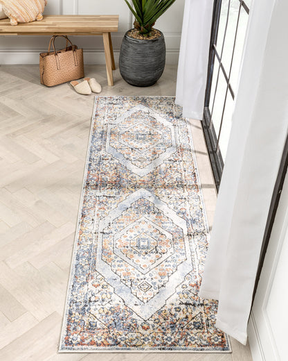 Salerno Bohemian Vintage Persian Medallion Ivory Blue Rug ENV-122