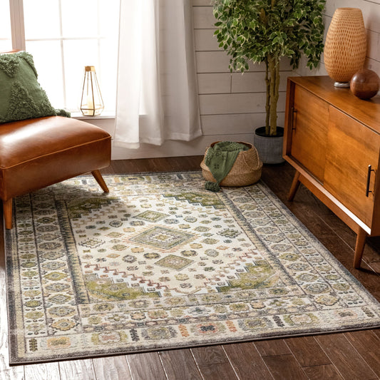 Aryn Vintage Tribal Medallion Floral Green Rug FA-25